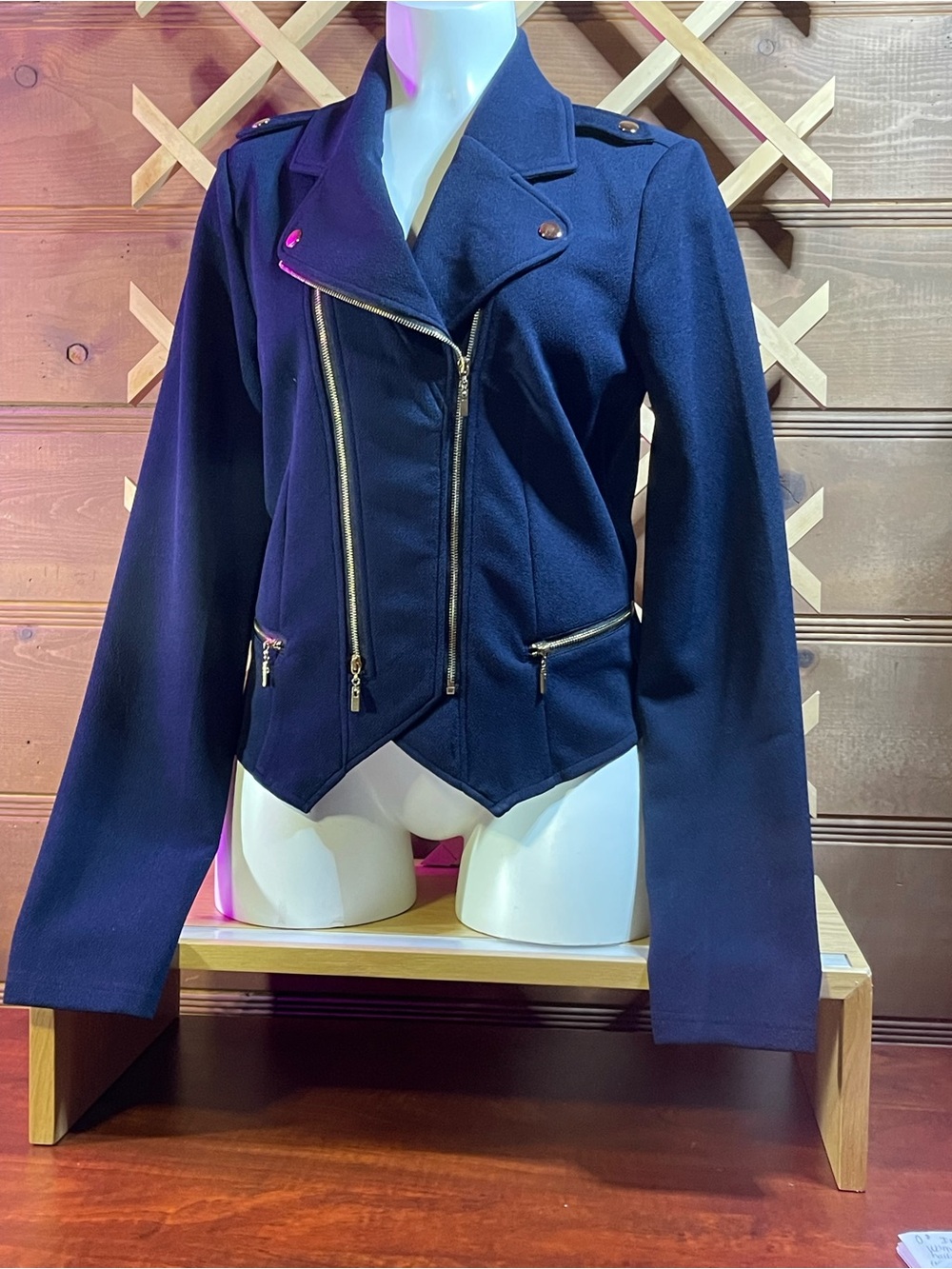 Active USA ‘Asymmetrical Peplum Blazer Jacket “Moto Style “Navy “ Epaulette